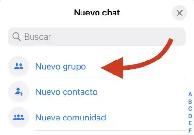 Pantalla de creación de un grupo en WhatsApp