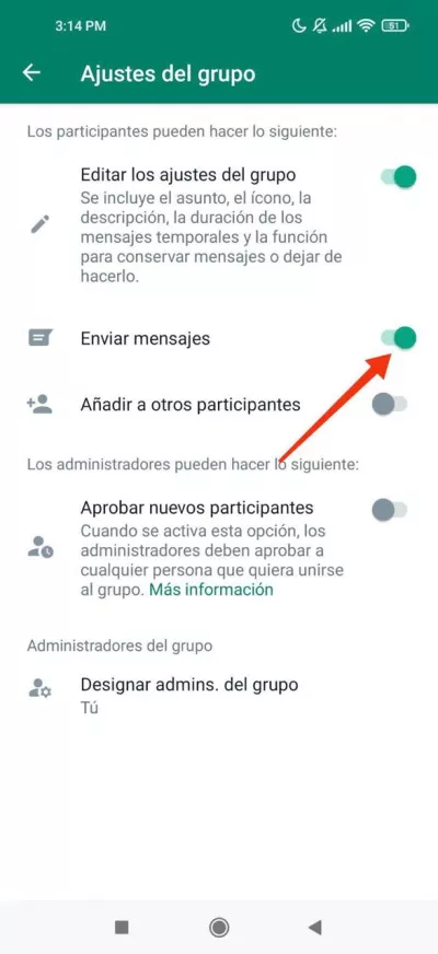 Controlar quién puede enviar mensajes en el grupo de WhatsApp