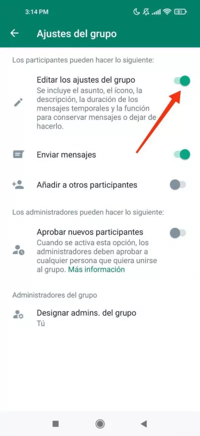 Limitar quién puede cambiar la información del grupo de WhatsApp