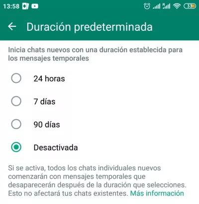 Cómo enviar mensajes que se autodestruyen en WhatsApp - Duracion predeterminada